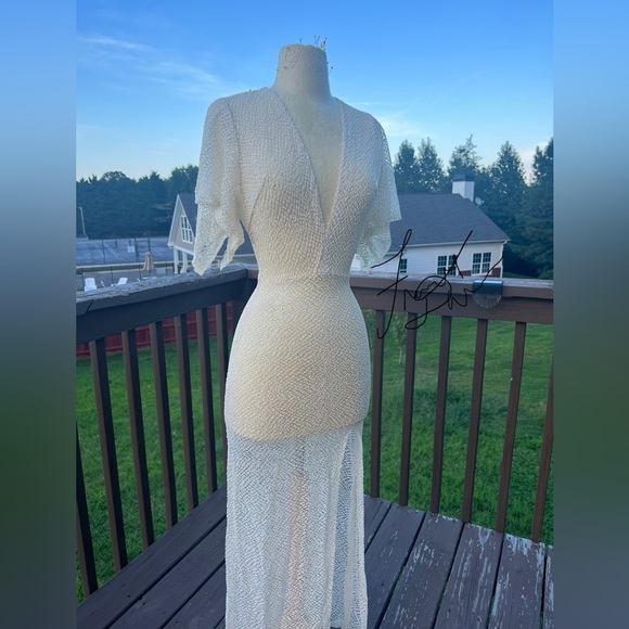 FANCY BY FRANCESCA WATSON LONG PARTY SPARKLE OFF WHITE SHEER FORMAL DRESS SAMPLE - Picture 2 of 4